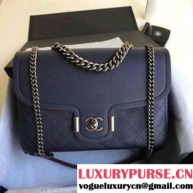 Chanel Grained Calfskin Medium Archi Chic Flap Bag Dark Blue 2018 (Aged Silver Hardware) (1A111-8013105 )