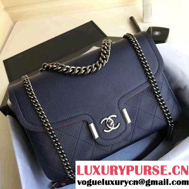 Chanel Grained Calfskin Medium Archi Chic Flap Bag Dark Blue 2018 (Aged Silver Hardware) (1A111-8013105 )