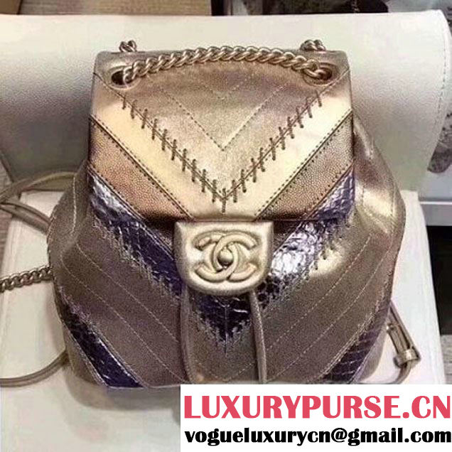 Chanel Iridescent Calfskin/Python/Grained Calfaskin Patchwork Chevron Small Backpack Gold (MK-8013131 )