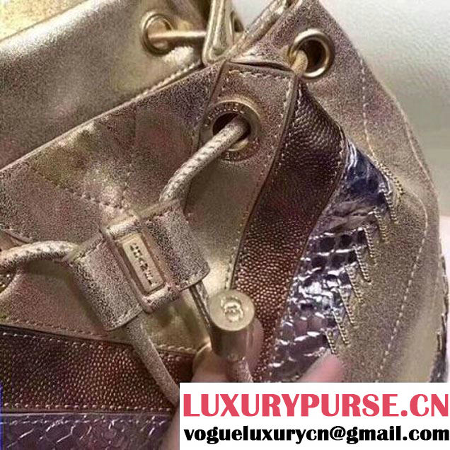 Chanel Iridescent Calfskin/Python/Grained Calfaskin Patchwork Chevron Small Backpack Gold (MK-8013131 )
