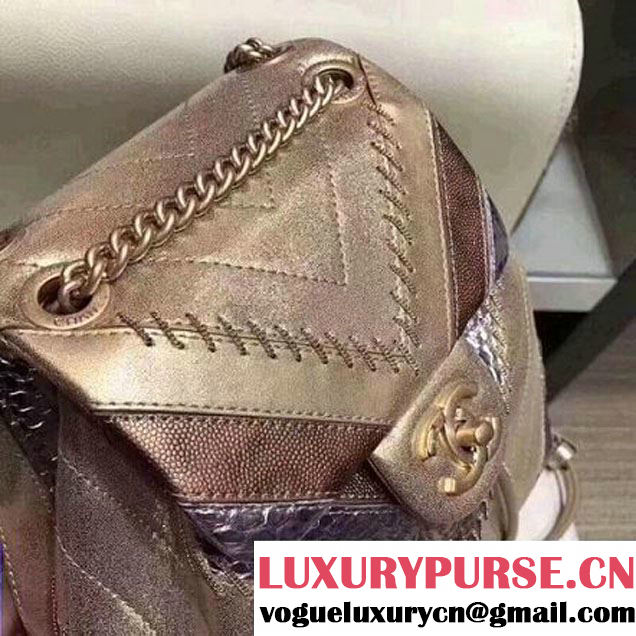 Chanel Iridescent Calfskin/Python/Grained Calfaskin Patchwork Chevron Small Backpack Gold (MK-8013131 )