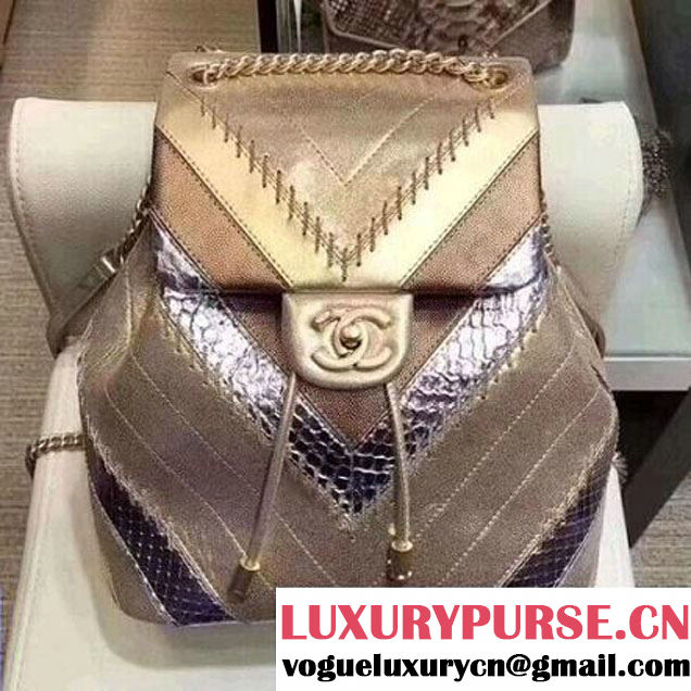 Chanel Iridescent Calfskin/Python/Grained Calfaskin Patchwork Chevron Backpack Gold (MK-8013129 )