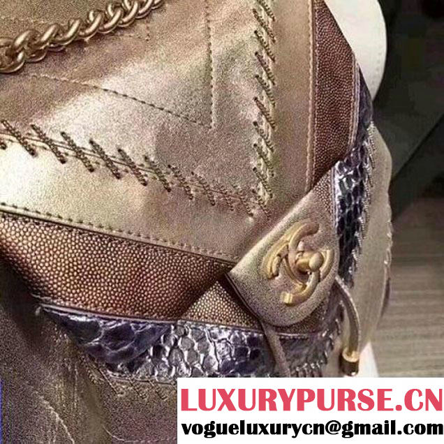 Chanel Iridescent Calfskin/Python/Grained Calfaskin Patchwork Chevron Backpack Gold (MK-8013129 )