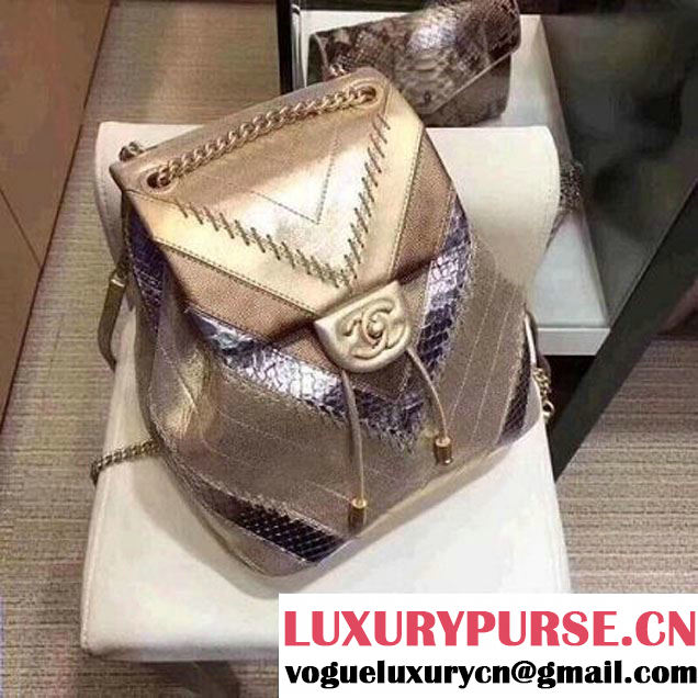 Chanel Iridescent Calfskin/Python/Grained Calfaskin Patchwork Chevron Backpack Gold (MK-8013129 )