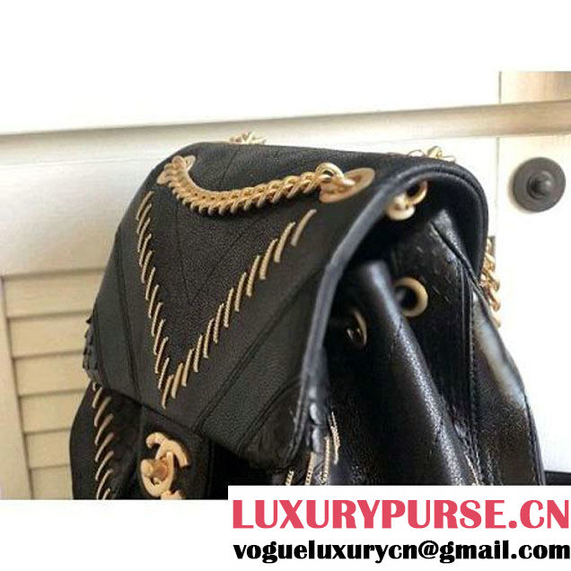 Chanel Iridescent Calfskin/Python/Grained Calfaskin Patchwork Chevron Backpack Black (MK-8013128 )
