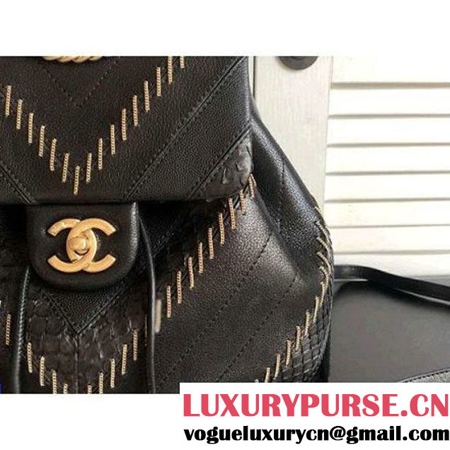 Chanel Iridescent Calfskin/Python/Grained Calfaskin Patchwork Chevron Backpack Black (MK-8013128 )