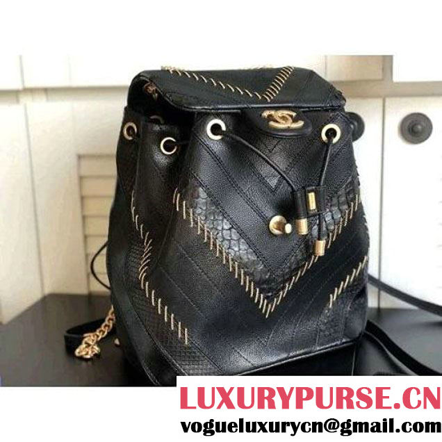 Chanel Iridescent Calfskin/Python/Grained Calfaskin Patchwork Chevron Backpack Black (MK-8013128 )