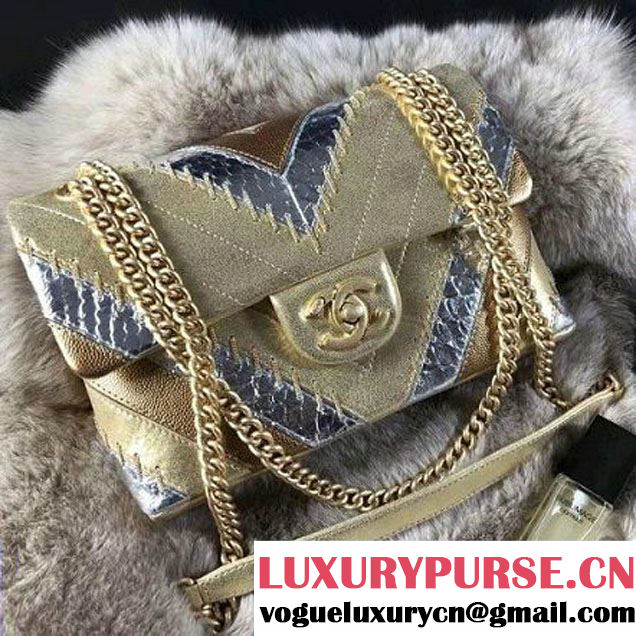 Chanel Iridescent Calfskin/Python/Grained Calfaskin Patchwork Chevron Small Flap Bag Gold (MK-8013127 )