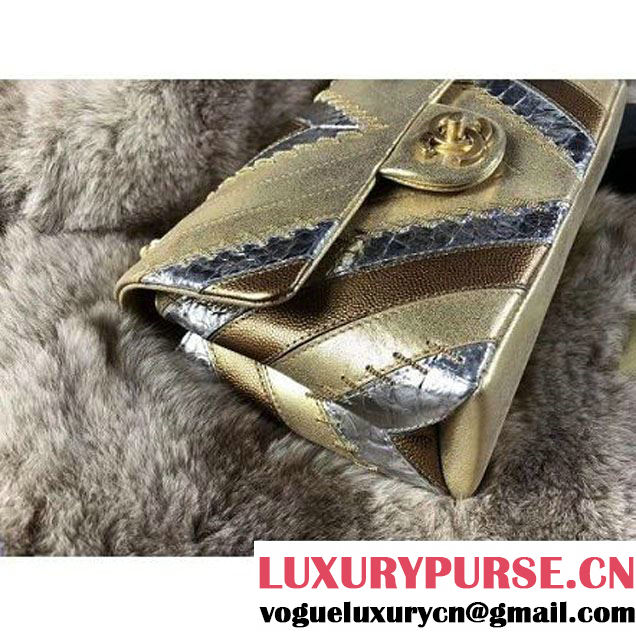 Chanel Iridescent Calfskin/Python/Grained Calfaskin Patchwork Chevron Small Flap Bag Gold (MK-8013127 )