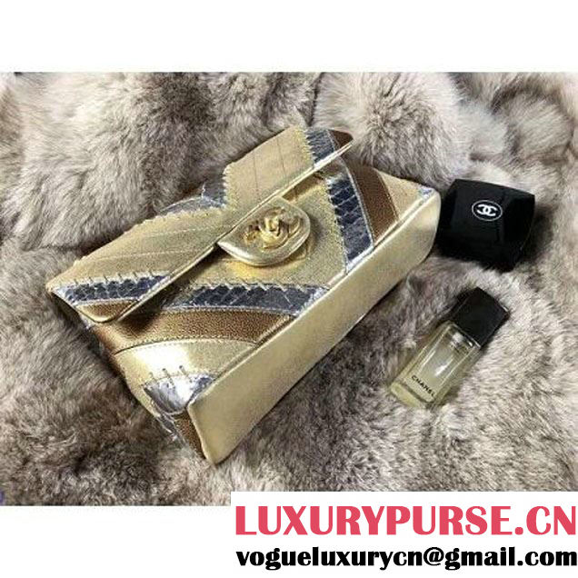 Chanel Iridescent Calfskin/Python/Grained Calfaskin Patchwork Chevron Small Flap Bag Gold (MK-8013127 )