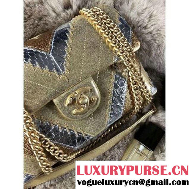 Chanel Iridescent Calfskin/Python/Grained Calfaskin Patchwork Chevron Small Flap Bag Gold (MK-8013127 )