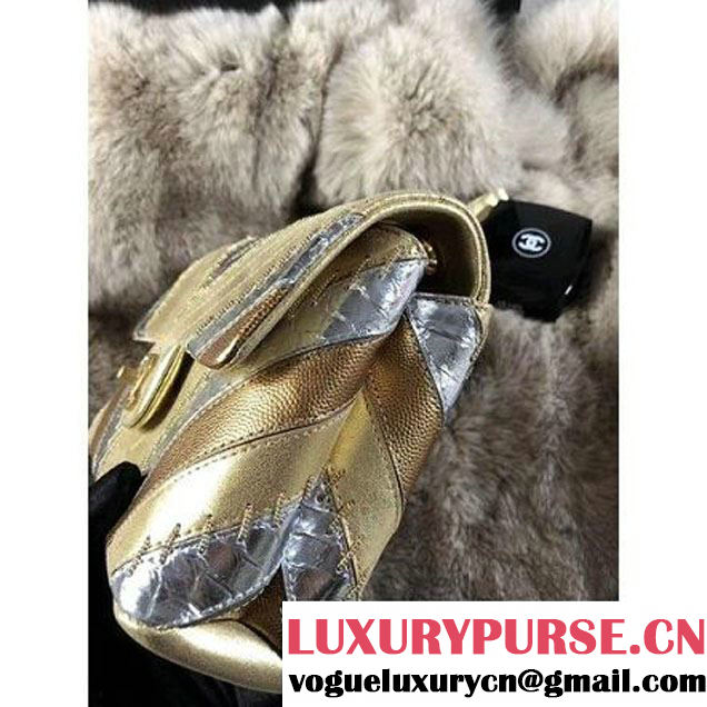 Chanel Iridescent Calfskin/Python/Grained Calfaskin Patchwork Chevron Small Flap Bag Gold (MK-8013127 )