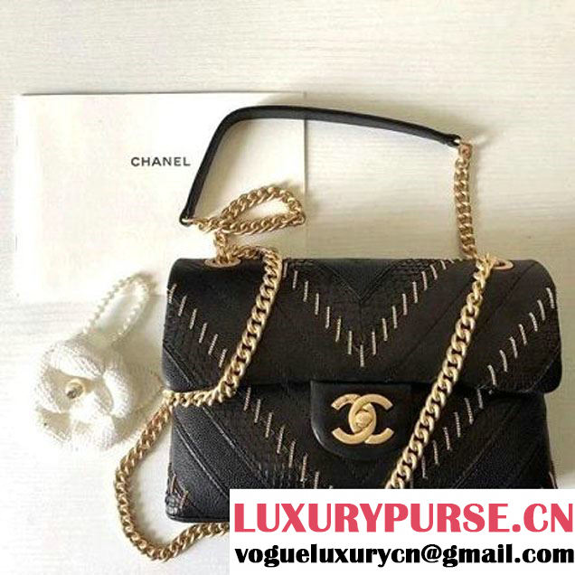 Chanel Iridescent Calfskin/Python/Grained Calfaskin Patchwork Chevron Small Flap Bag Black (MK-8013126 )