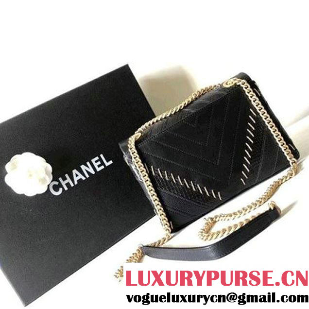 Chanel Iridescent Calfskin/Python/Grained Calfaskin Patchwork Chevron Small Flap Bag Black (MK-8013126 )