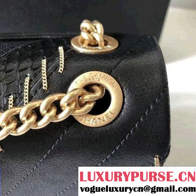 Chanel Iridescent Calfskin/Python/Grained Calfaskin Patchwork Chevron Small Flap Bag Black (MK-8013126 )