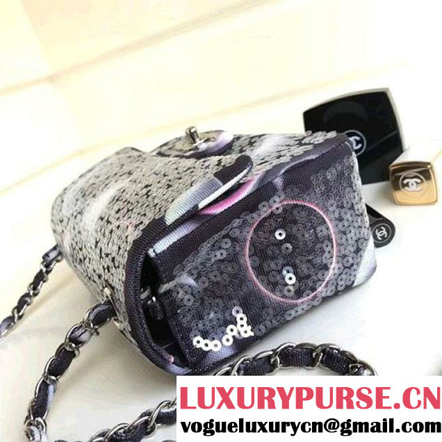 Chanel Black Printed Canvas with Sequins Classic Mini Flap Bag A69900 F/W 2017 (1A111-8020305 )