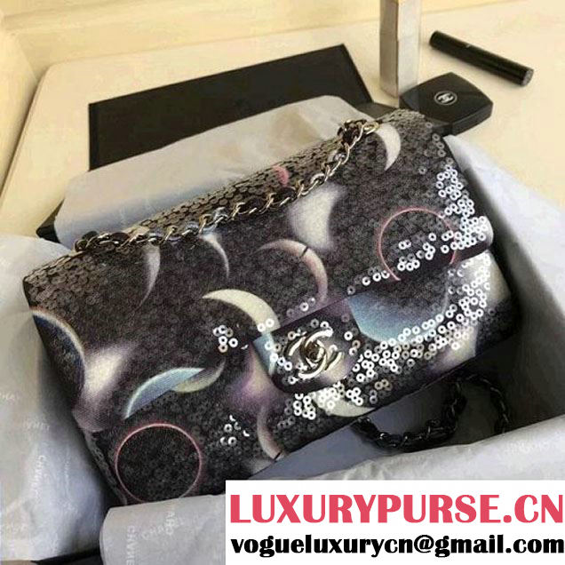 Chanel Black Printed Canvas with Sequins Classic Medium Flap Bag F/W 2017 (1A111-8020304 )