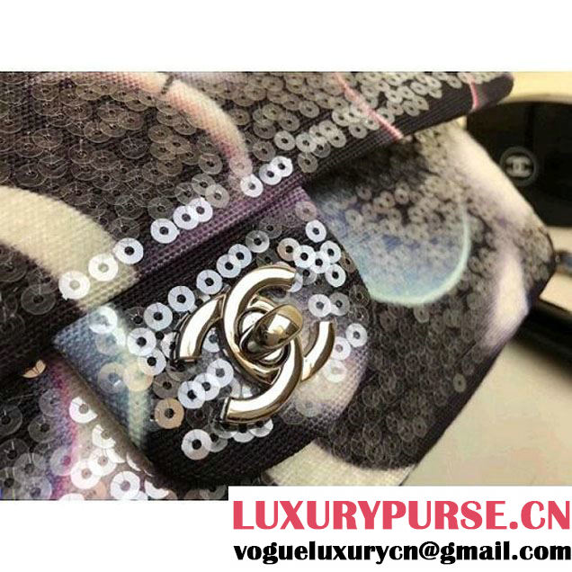 Chanel Black Printed Canvas with Sequins Classic Medium Flap Bag F/W 2017 (1A111-8020304 )
