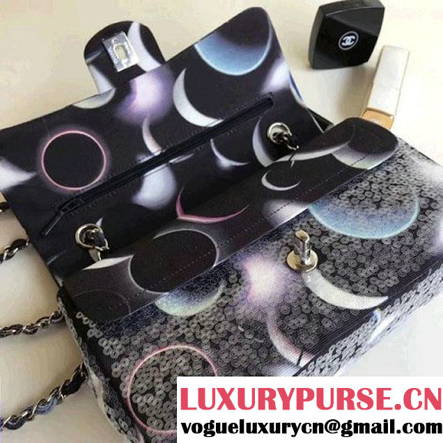 Chanel Black Printed Canvas with Sequins Classic Medium Flap Bag F/W 2017 (1A111-8020304 )