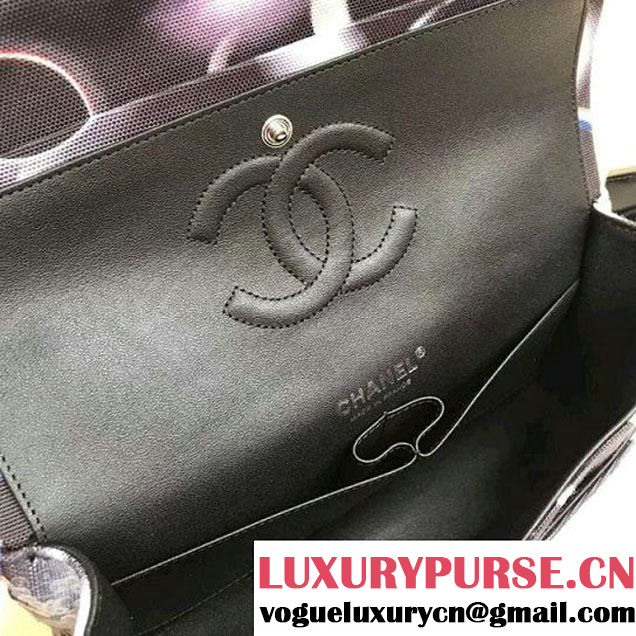 Chanel Black Printed Canvas with Sequins Classic Medium Flap Bag F/W 2017 (1A111-8020304 )