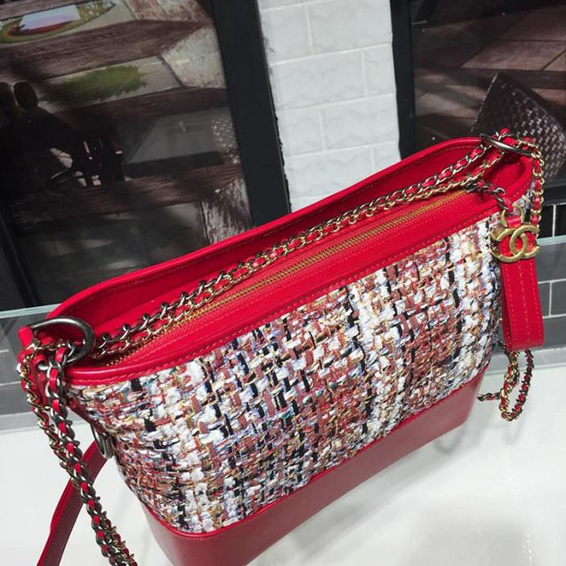 Chanel Tweed Gabrielle Hobo 28cm Bag Lambskin Leather Cruise 2018 Collection Red White Blue