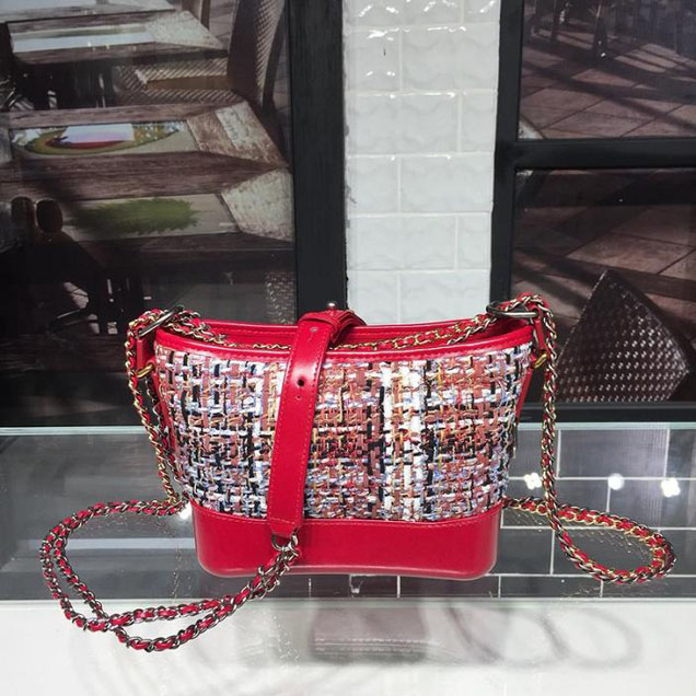 Chanel Tweed Gabrielle Hobo 20cm Bag Lambskin Leather Cruise 2018 Collection Red White Blue