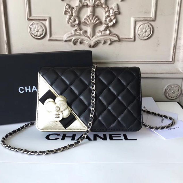 Chanel Camellia Edge Quilted WOC Wallet on A Chain Small 19cm Flap Bag Lambskin Leather Bag Pre-Fall 2017 Collection Black Gold