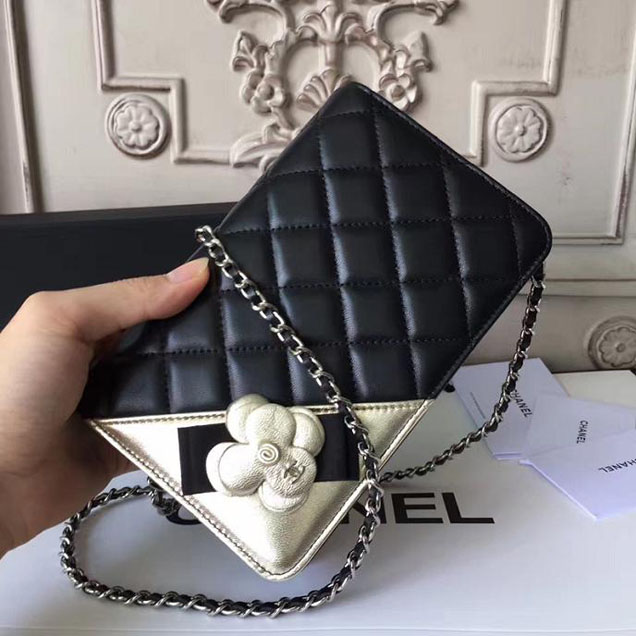 Chanel Camellia Edge Quilted WOC Wallet on A Chain Small 19cm Flap Bag Lambskin Leather Bag Pre-Fall 2017 Collection Black Gold