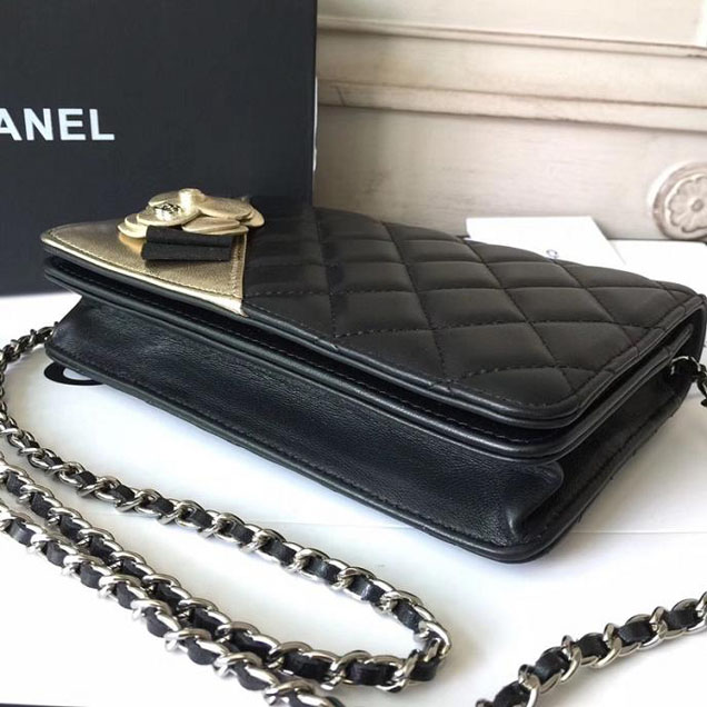 Chanel Camellia Edge Quilted WOC Wallet on A Chain Small 19cm Flap Bag Lambskin Leather Bag Pre-Fall 2017 Collection Black Gold