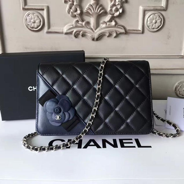 Chanel Camellia Edge Quilted WOC Wallet on A Chain Small 19cm Flap Bag Lambskin Leather Bag Pre-Fall 2017 Collection Black Navy