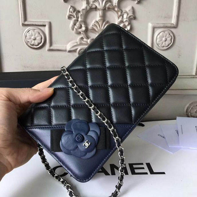 Chanel Camellia Edge Quilted WOC Wallet on A Chain Small 19cm Flap Bag Lambskin Leather Bag Pre-Fall 2017 Collection Black Navy