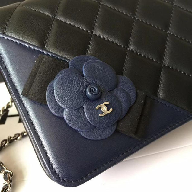 Chanel Camellia Edge Quilted WOC Wallet on A Chain Small 19cm Flap Bag Lambskin Leather Bag Pre-Fall 2017 Collection Black Navy