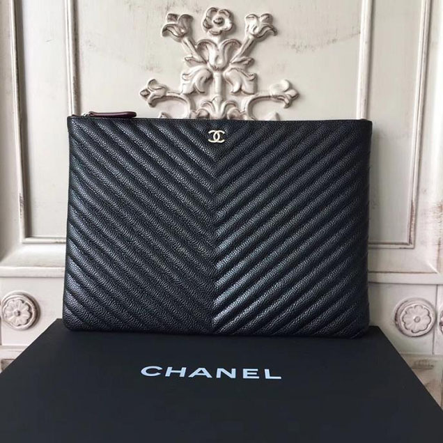 Chanel Chevron Clutch Bag 30cm Caviar Leather Pre-Fall 2017 Collection Black