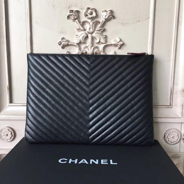 Chanel Chevron Clutch Bag 30cm Caviar Leather Pre-Fall 2017 Collection Black