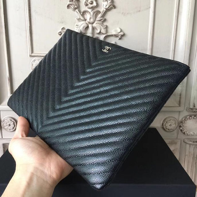 Chanel Chevron Clutch Bag 30cm Caviar Leather Pre-Fall 2017 Collection Black