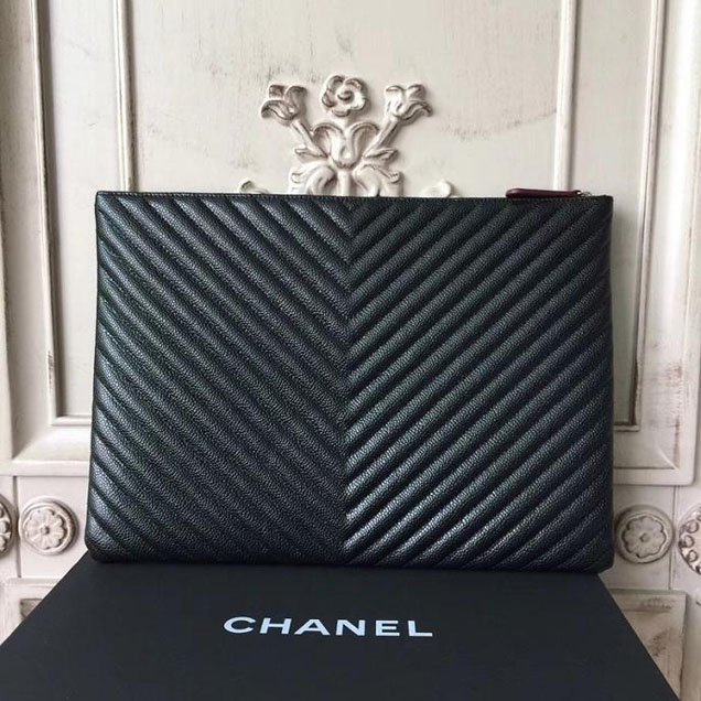Chanel Chevron Clutch Bag 33cm Caviar Leather Pre-Fall 2017 Collection Black