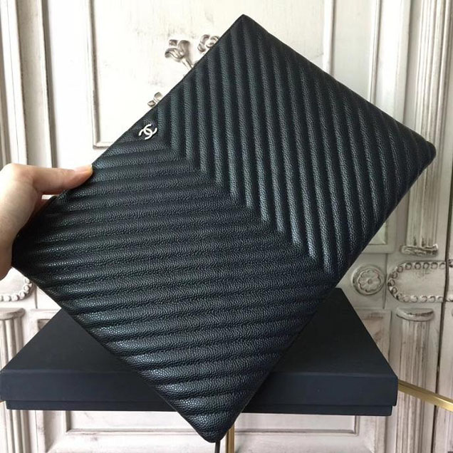 Chanel Chevron Clutch Bag 33cm Caviar Leather Pre-Fall 2017 Collection Black