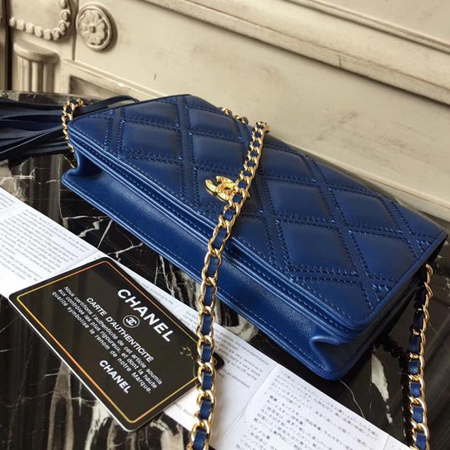 Chanel Stitched Quilted WOC with Tassel 19cm Lambskin Leather Pre-Fall 2017 Collection Blue