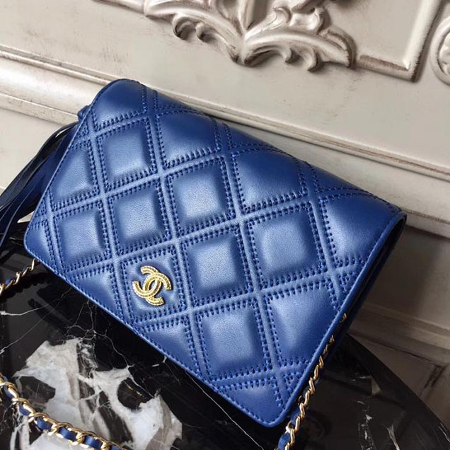 Chanel Stitched Quilted WOC with Tassel 19cm Lambskin Leather Pre-Fall 2017 Collection Blue