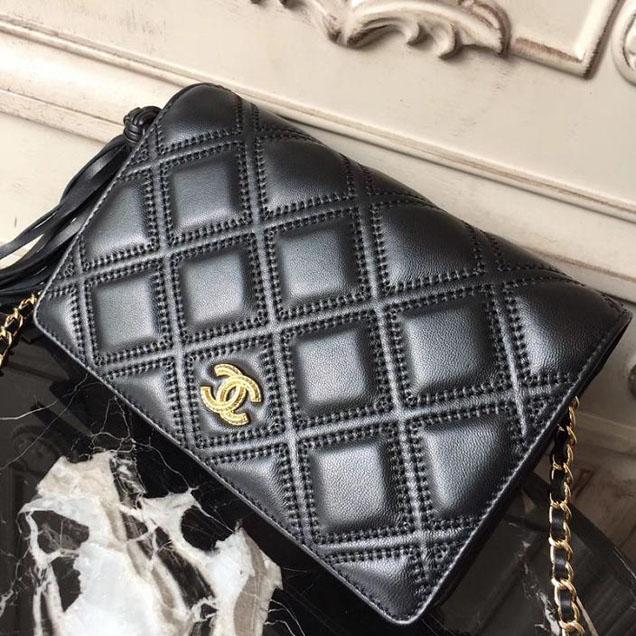 Chanel Stitched Quilted WOC with Tassel 19cm Lambskin Leather Pre-Fall 2017 Collection Black