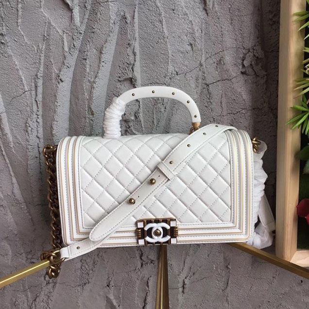 Chanel Boy Studded Handle Bag 25cm Lambskin Leather Pre-Fall 2017 Collection White