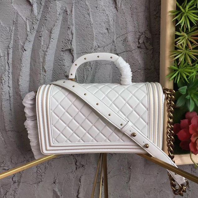 Chanel Boy Studded Handle Bag 25cm Lambskin Leather Pre-Fall 2017 Collection White