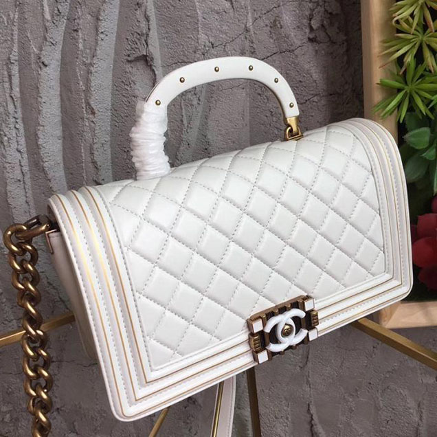 Chanel Boy Studded Handle Bag 25cm Lambskin Leather Pre-Fall 2017 Collection White