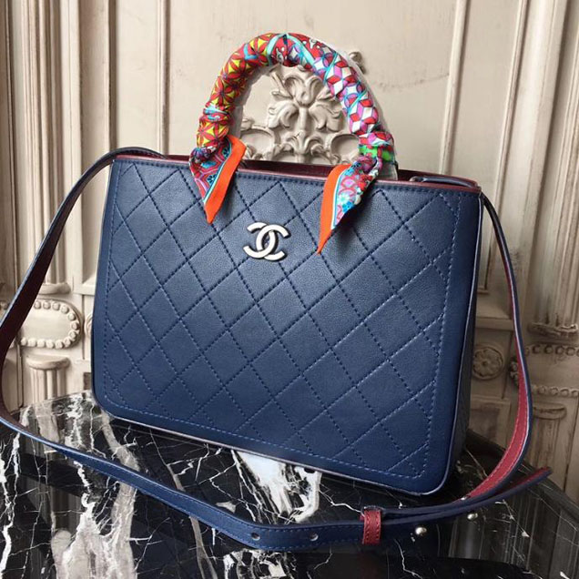 Chanel So Light Bi-Color 30cm Large Shopping Bag Bullskin Leather Fall Winter 2017 Act 2 Collection Navy Blue Burgundy