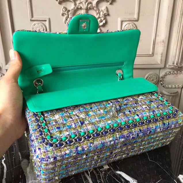 Chanel Tweed Classic Flap 25cm Bag Lambskin Leather Fall Winter 2017 Act 1 Collection Turquoise