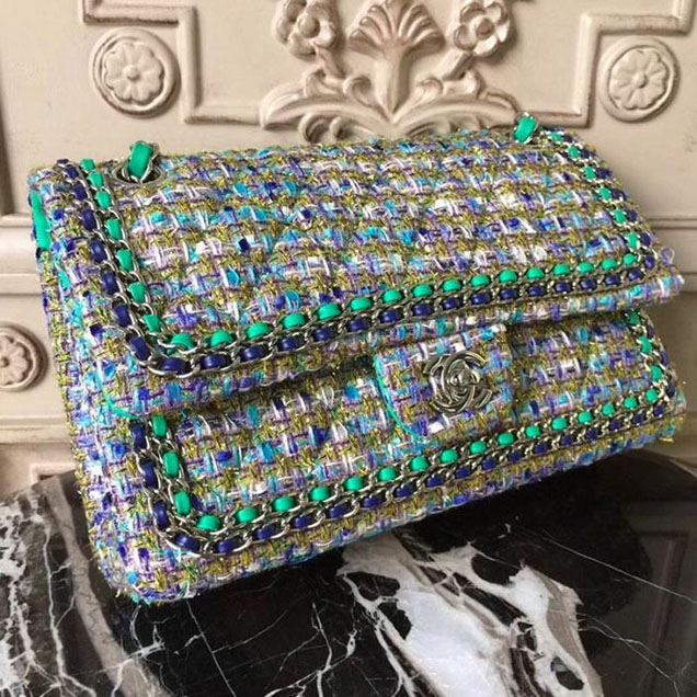 Chanel Tweed Classic Flap 25cm Bag Lambskin Leather Fall Winter 2017 Act 1 Collection Turquoise