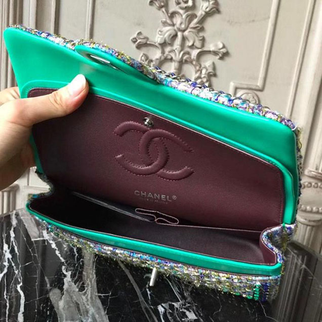 Chanel Tweed Classic Flap 25cm Bag Lambskin Leather Fall Winter 2017 Act 1 Collection Turquoise