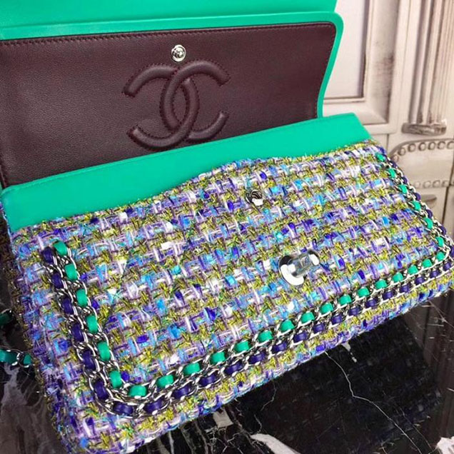 Chanel Tweed Classic Flap 25cm Bag Lambskin Leather Fall Winter 2017 Act 1 Collection Turquoise