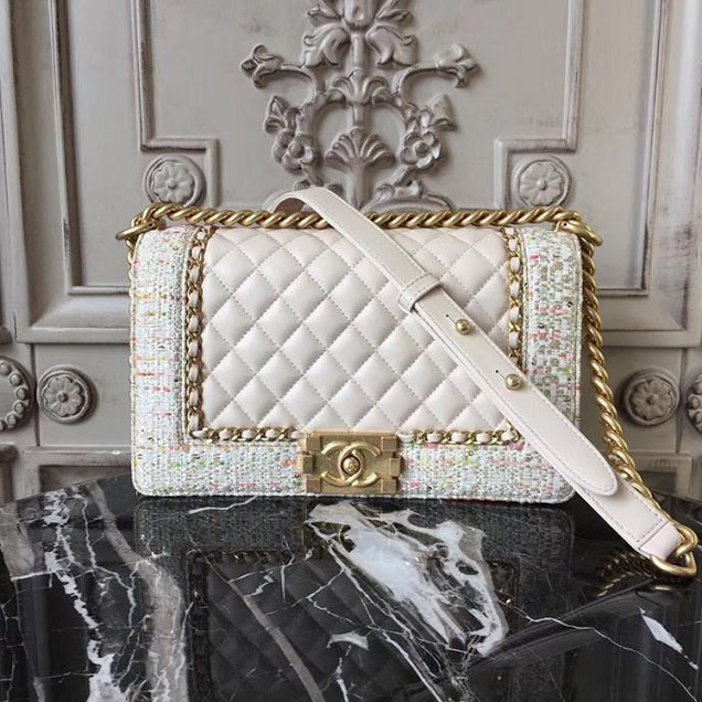 Chanel Boy Old Medium 25cm Bag Tweed Lambskin Leather Fall Winter 2017 Act 2 Collection Off White