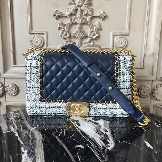 Chanel Boy Old Medium 25cm Bag Tweed Lambskin Leather Fall Winter 2017 Act 2 Collection Navy Blue